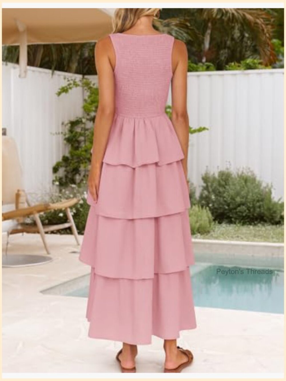 Sleeveless Midi Dress Scoop Neck Ruffle Tiered Swing Beach Vacation Dress - Picture 5 of 7
